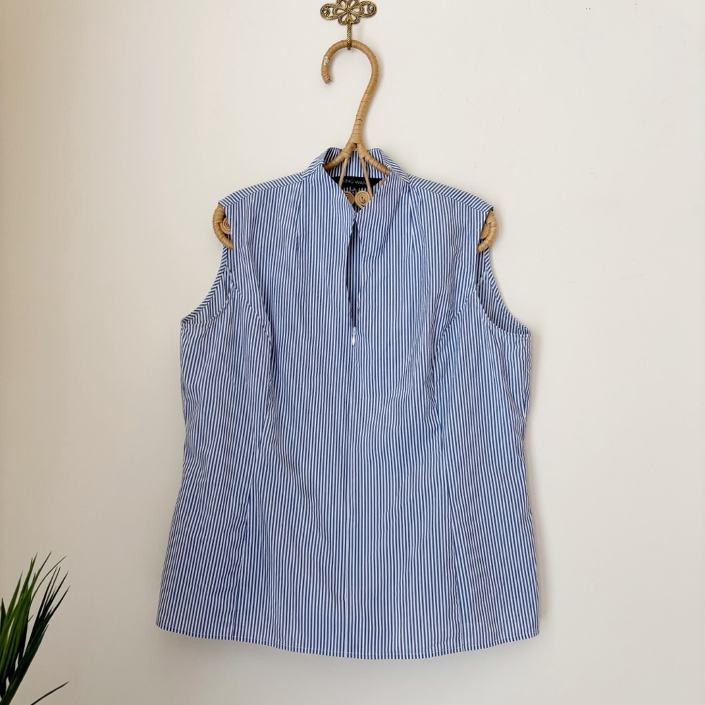 Ming Wang Blue Striped Zipper Front Sleeveless Top Large Office Chic